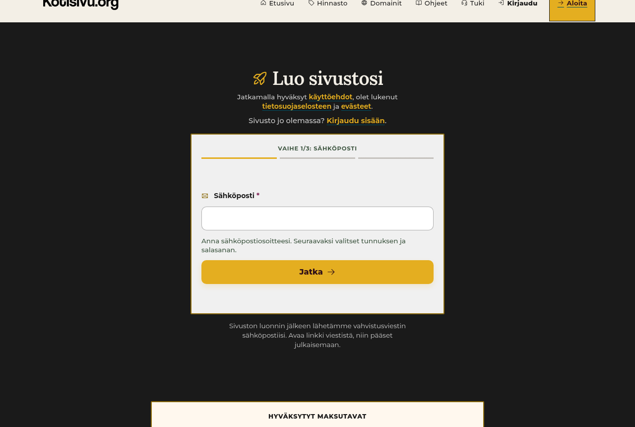 Aloita-sivun sähköpostivaihe