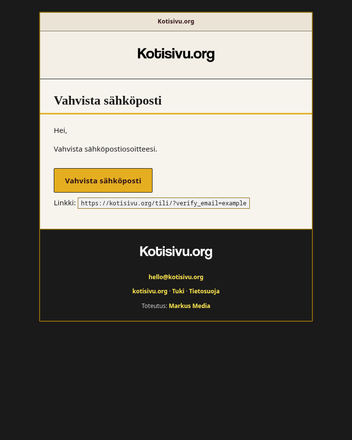 Vahvistusviesti sähköpostissa