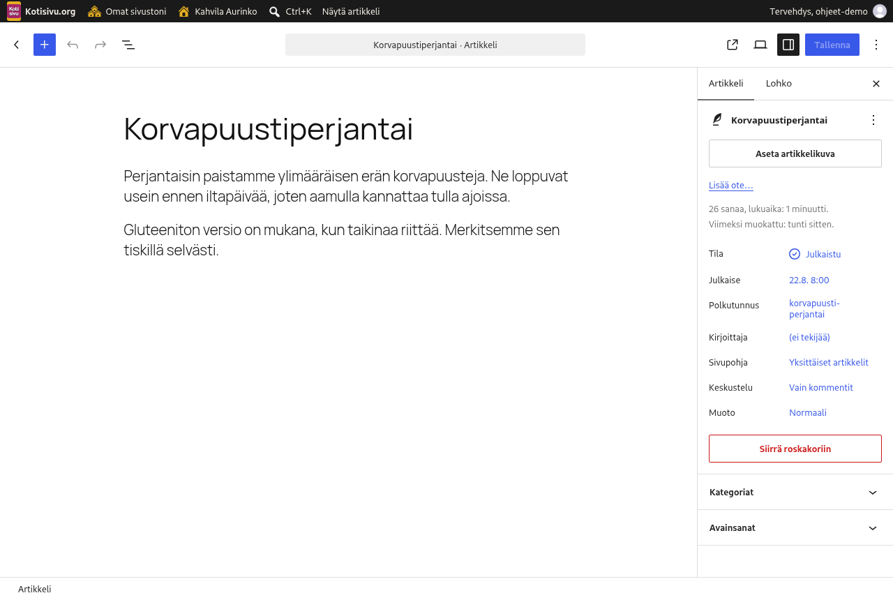 Artikkelin lohkoeditori